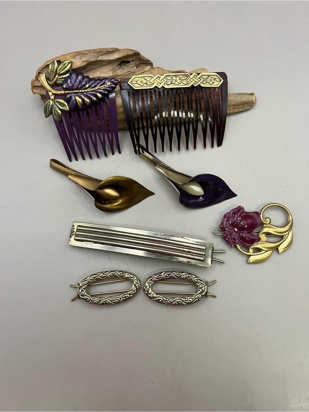 Vintage Hair Comb & Barrette Lot 7 PC Bundle Calla Lily Enamel Floral 80s 90s